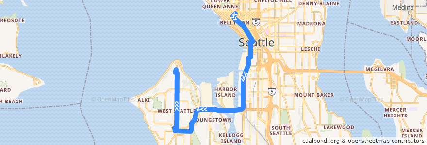 Mapa del recorrido Route 55: Admiral District Alaska Junction de la línea  en Seattle.