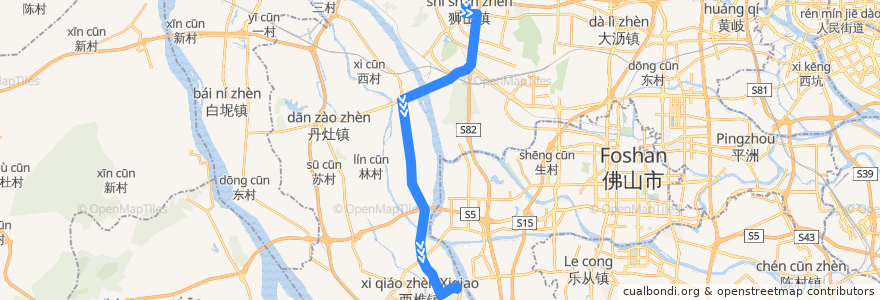 Mapa del recorrido 256路(狮山城区公交换乘中心-南海中学) de la línea  en مقاطعة نانهاي.