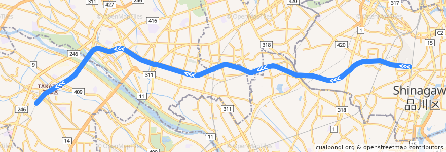 Mapa del recorrido Tokyu Oimachi Line (Oimachi -> Mizonokuchi) de la línea  en 東京都.