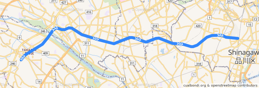 Mapa del recorrido Tokyu Oimachi Line (Mizonokuchi -> Oimachi) de la línea  en 도쿄도.