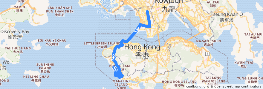 Mapa del recorrido 過海隧巴970線 Cross-harbour Bus 970 (數碼港 Cyberport → 旺角 Mong Kok) de la línea  en هونغ كونغ.