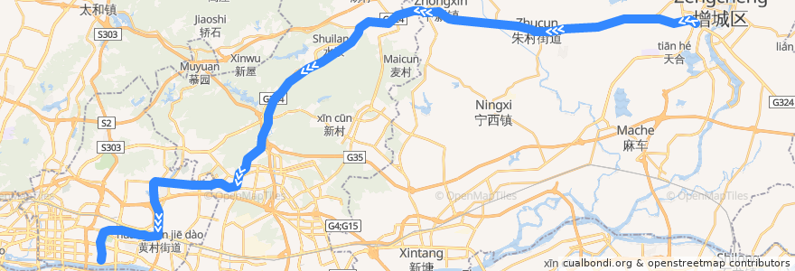 Mapa del recorrido 广州地铁21号线快车（增城广场→员村） de la línea  en غوانزو.