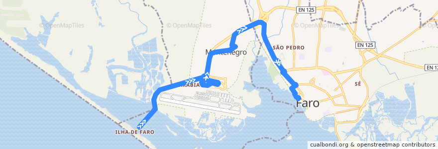 Mapa del recorrido Linha 16 - Praia de Faro (via Montenegro e Aeroporto) > Terminal Rodoviàrio de la línea  en Faro.