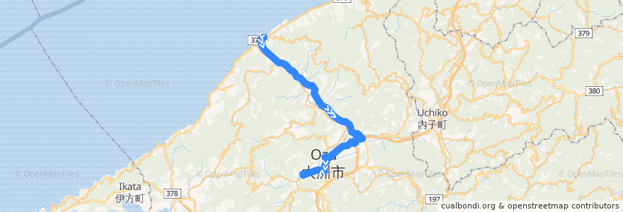 Mapa del recorrido 八幡浜長浜線 (長浜駅前 - 大洲病院前) de la línea  en Ozu.