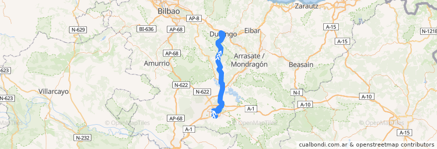 Mapa del recorrido A18 Universidad → Vitoria-Gasteiz → Boulevard → Durana → Durango de la línea  en País Vasco.