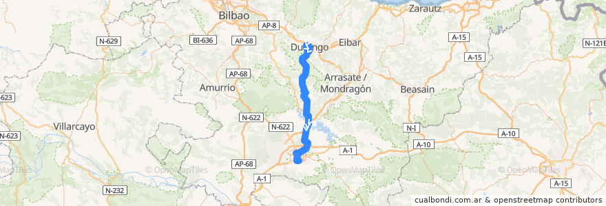 Mapa del recorrido A18 Durango → Goiain → Urbina → Durana → Vitoria-Gasteiz → Universidad de la línea  en Negara basque.