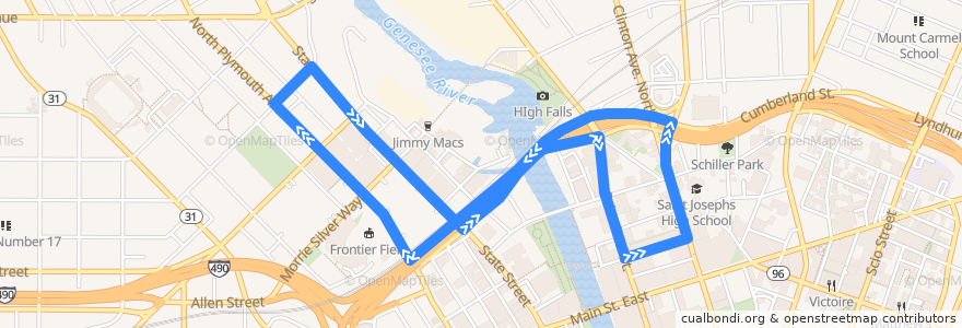 Mapa del recorrido RTS 5 MCC Downtown de la línea  en Rochester.