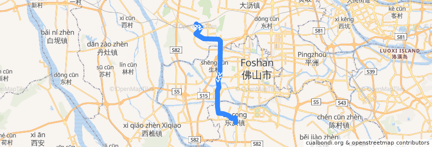 Mapa del recorrido K340路(佛山西站-乐从交通中心) de la línea  en Foshán.