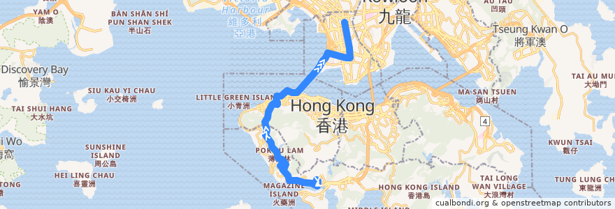 Mapa del recorrido 過海隧巴970X線 Cross-harbour Bus 970X (香港仔 Aberdeen → 旺角 Mong Kok) de la línea  en Yeni Bölgeler.