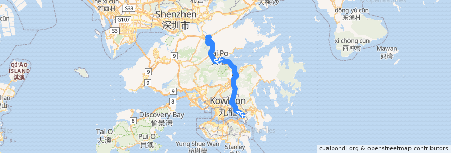 Mapa del recorrido 九巴277X線 KMB 277X (藍田站 Lam Tin Station → 聯和墟 Luen Wo Hui) de la línea  en هونغ كونغ.