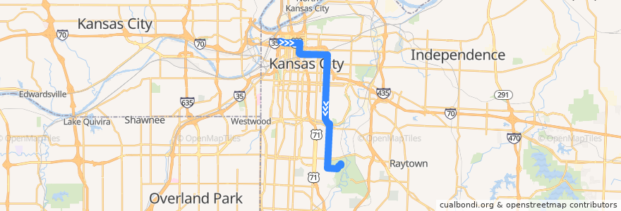 Mapa del recorrido Route 18: Southeastbound de la línea  en Kansas City.