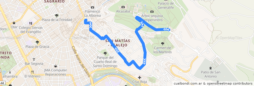 Mapa del recorrido Bus C30: Alhambra → Centro de la línea  en Granada.