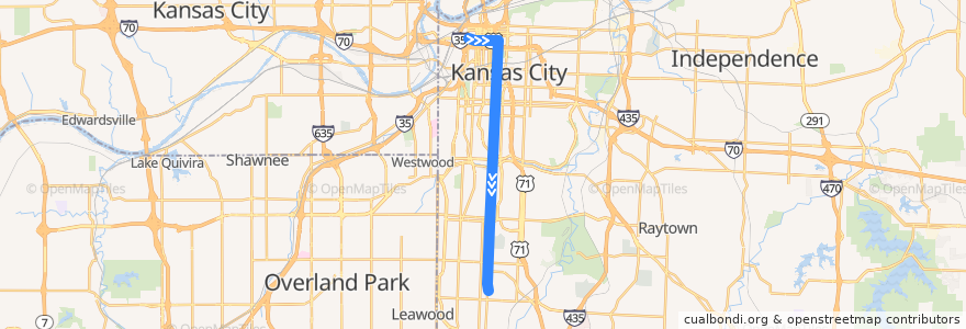 Mapa del recorrido Route 25: Southbound de la línea  en Kansas City.