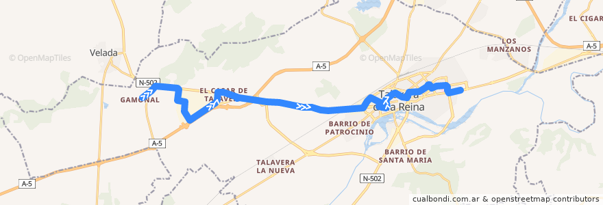 Mapa del recorrido Línea 5: Gamonal → C.C. Los Alfares (Laborables por Polígono Torrehierro) de la línea  en Talavera de la Reina.