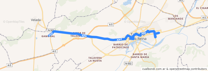 Mapa del recorrido Línea 5: Gamonal → C.C. Los Alfares (Laborables por I.E.S. Juan de Mariana) de la línea  en Talavera de la Reina.