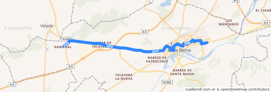 Mapa del recorrido Línea 5: Gamonal → C.C. Los Alfares (Laborables) de la línea  en Talavera de la Reina.