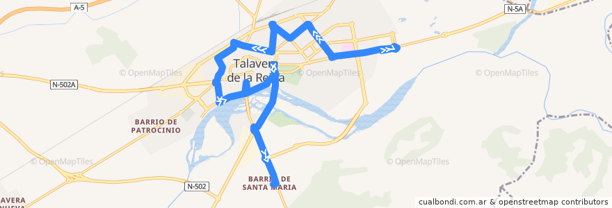 Mapa del recorrido Línea 3: C.C. Los Alfares → Verjas del Prado (Sábados, Domingos y Festivos hasta Barrio Santa María) de la línea  en Talavera de la Reina.