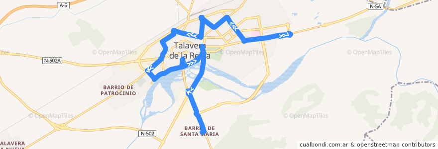 Mapa del recorrido Línea 3: C.C. Los Alfares → Verjas del Prado (Laborables hasta Barrio Santa María) de la línea  en Talavera de la Reina.