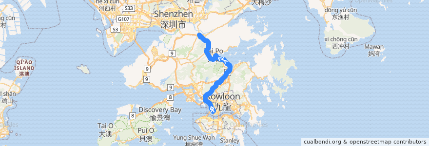 Mapa del recorrido 九巴W3線 KMB Route W3 (西九龍站 West Kowloon Station → 上水 Sheung Shui) de la línea  en 香港 Hong Kong.