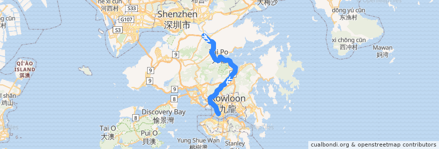 Mapa del recorrido 九巴W3線 KMB Route W3 (上水 Sheung Shui → 西九龍站 West Kowloon Station) de la línea  en 香港 Hong Kong.