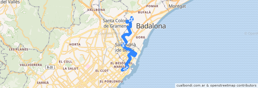 Mapa del recorrido B23 BADALONA (MONTIGALÀ) - BARCELONA (DIAGONAL MAR) de la línea  en Barcelonès.