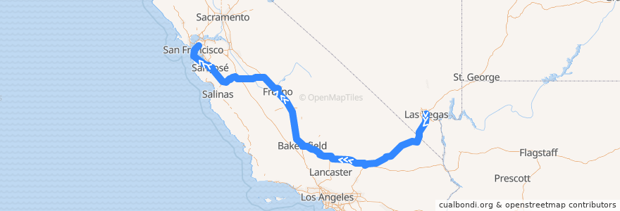 Mapa del recorrido Flixbus N2008: Las Vegas => San Francisco de la línea  en Califórnia.