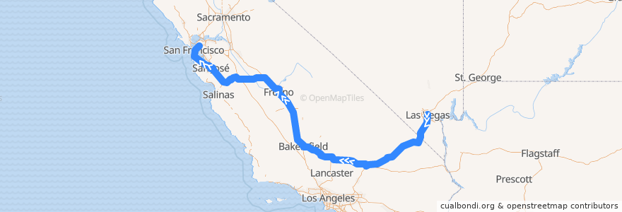 Mapa del recorrido Flixbus N2008: Las Vegas => San Francisco de la línea  en California.