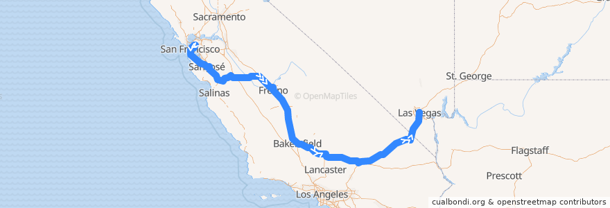 Mapa del recorrido Flixbus N2008: San Francisco => Las Vegas de la línea  en カリフォルニア州.