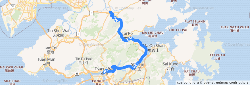 Mapa del recorrido 九巴278X線 KMB 278X (荃灣（如心廣場） Tsuen Wan (Nina Tower) → 上水 Sheung Shui) de la línea  en Hong Kong.