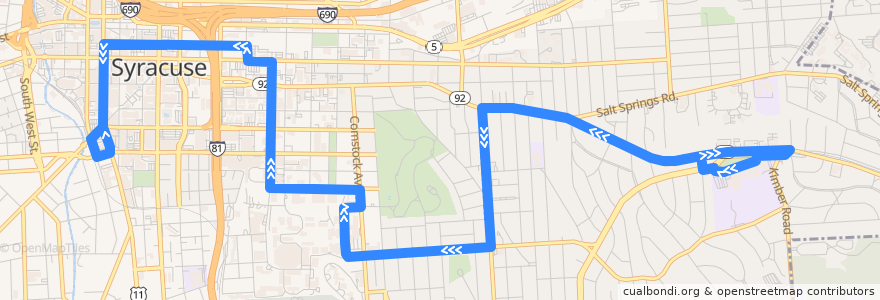 Mapa del recorrido Centro 130 SU-Westcott Street-Nottingham High School de la línea  en Syracuse.