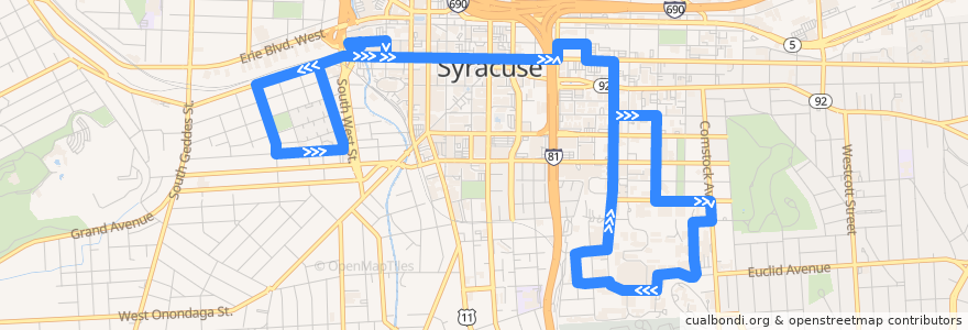 Mapa del recorrido Centro 443 Connective Corridor de la línea  en Syracuse.