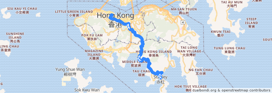 Mapa del recorrido 城巴6號線 Citybus 6 (赤柱 Stanley → 中環 Central (不經馬坑 omit Ma Hang)) de la línea  en Ilha de Hong Kong.