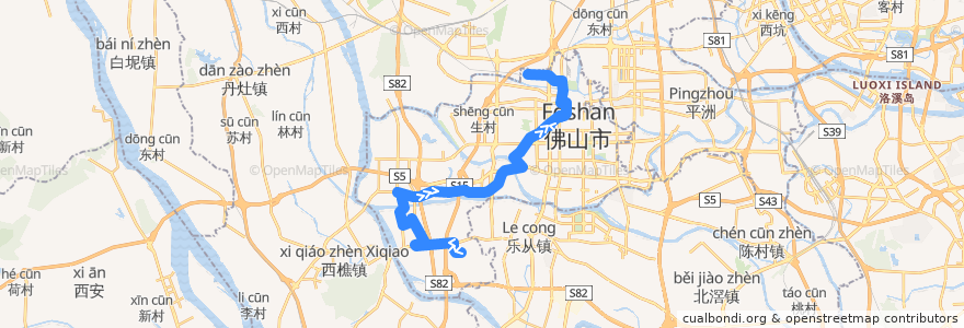 Mapa del recorrido 134路(火车站江边村-南庄杏头) de la línea  en Chancheng District.