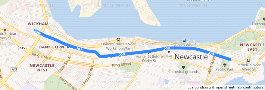 Mapa del recorrido Newcastle Light Rail de la línea  en Newcastle City Council.