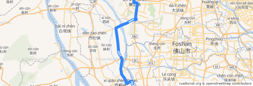 Mapa del recorrido 256路(南海中学-狮山城区公交换乘中心) de la línea  en Nanhai.