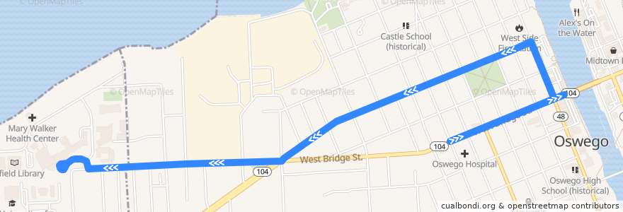 Mapa del recorrido Centro 2B College via West Seneca Street de la línea  en Oswego.