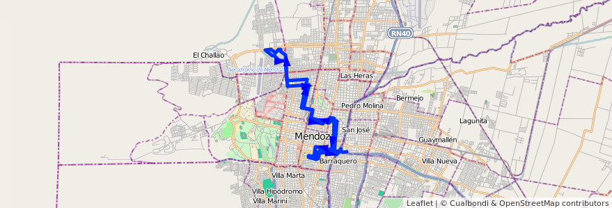 Mapa del recorrido 94 - Bº Infanta - Casa de Gob. de la línea G07 en Mendoza.