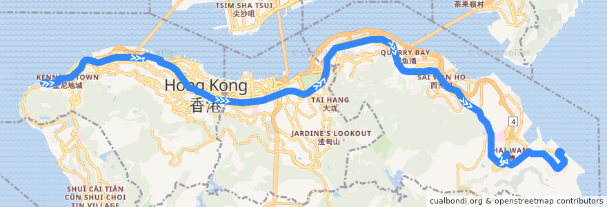 Mapa del recorrido 城巴N8X線 Citybus N8X (堅尼地城 Kennedy Town → 小西灣（藍灣半島） Siu Sai Wan (Island Resort)) de la línea  en Hong Kong.