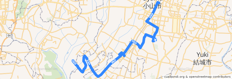 Mapa del recorrido 広域公営バス渡良瀬ライン 部屋南部桜づつみ公園⇒間々田駅西口・新市民病院⇒小山駅西口 de la línea  en Oyama.