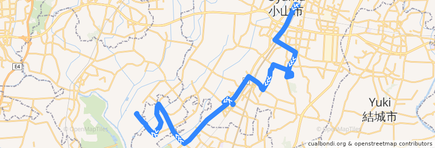 Mapa del recorrido 広域公営バス渡良瀬ライン 小山駅西口⇒新市民病院・間々田駅西口⇒部屋南部桜づつみ公園 de la línea  en 小山市.