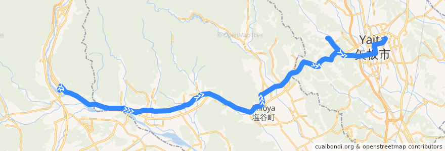 Mapa del recorrido しおや交通バス 新高徳駅⇒矢板高校・塩谷病院⇒矢板駅 de la línea  en 栃木県.