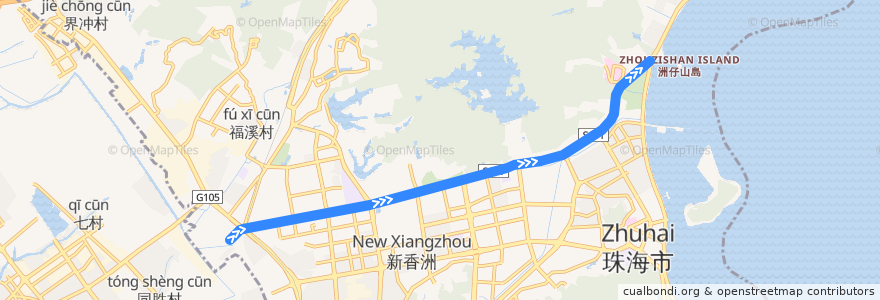 Mapa del recorrido 珠海有轨电车一号线 (上冲 → 水拥坑(海天公园)) de la línea  en شیانگژو.