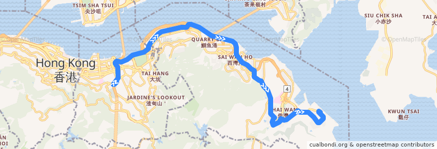 Mapa del recorrido 城巴8S線 Citybus 8S (跑馬地馬場 Happy Valley Racecourse → 小西灣（藍灣半島） Siu Sai Wan (Island Resort)) de la línea  en 香港島 Hong Kong Island.