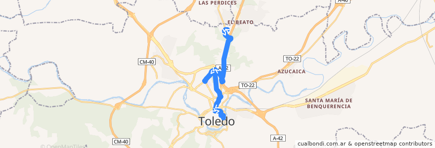 Mapa del recorrido Línea 14: Zocodover → Cementerio → Abadía de la línea  en Toledo.