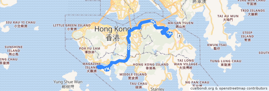 Mapa del recorrido Bus 99 (Shau Kei Wan → South Horizons) de la línea  en 香港島.