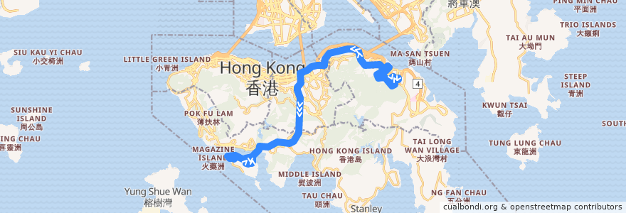 Mapa del recorrido Bus 99 (Shau Kei Wan → South Horizons) de la línea  en Hong Kong.