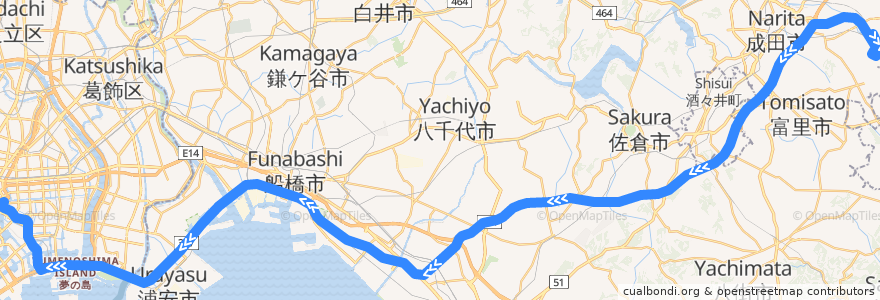 Mapa del recorrido リムジンバス 成田空港⇒東京シティエアターミナル de la línea  en 千葉県.