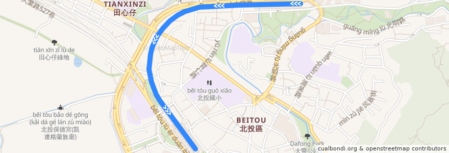 Mapa del recorrido 捷運紅線 (新北投支線) MRT red line (Xinbeitou Branch Line) de la línea  en Distretto di Beitou.