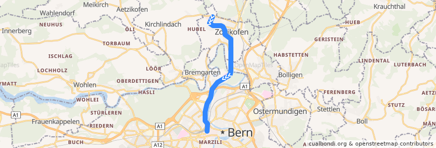 Mapa del recorrido Bus 34: Zollikofen, Hirzenfeld => Bern, Bahnhof de la línea  en Verwaltungskreis Bern-Mittelland.