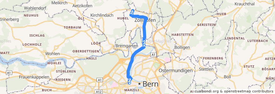 Mapa del recorrido Bus 34: Bern, Bahnhof => Zollikofen, Hirzenfeld de la línea  en Arrondissement administratif de Berne-Mittelland.